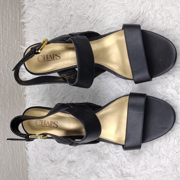 Chaps Black Faux Leather Almond Open Toe High Blocked Heel Slingback Sandal - Picture 3 of 15